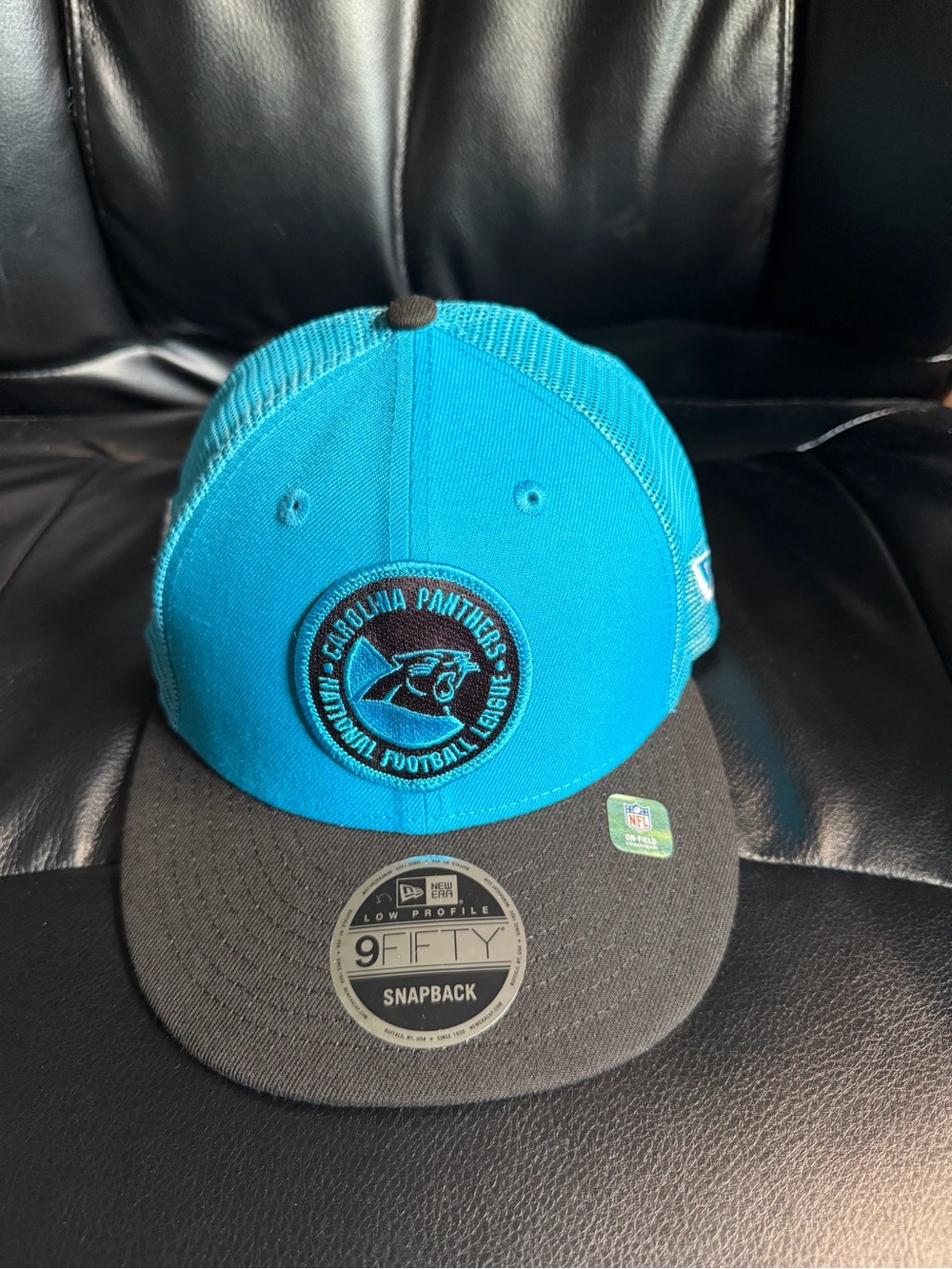 New Era Carolina Panthers Hat Mens Blue Black 9FIFTY NFL Mesh Trucker Cap NEW